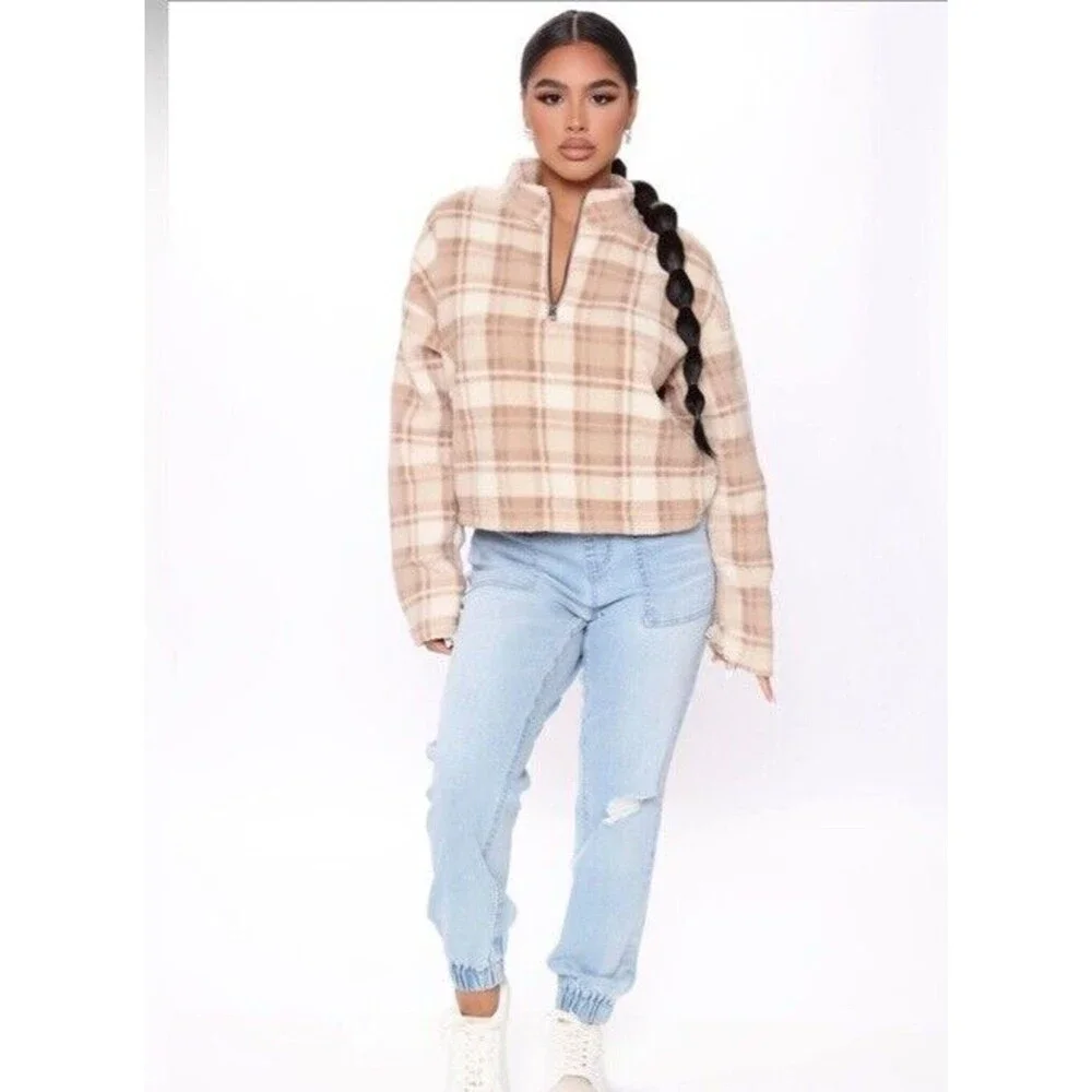 Fashion Nova Plaid Fleece Pullover Womens Cropped 1/2 Zip Teddy Sweater M